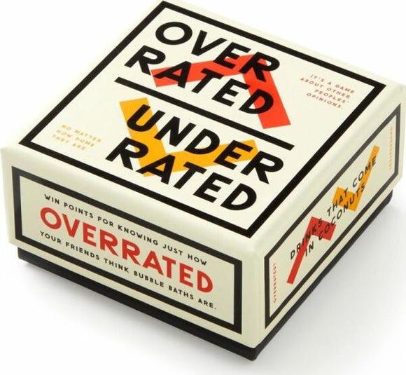 Overrated/Underrated Social Game box by Brass Monkey featuring bold red and yellow graphics. The box showcases the title along with playful text about opinions. Perfect for gatherings.