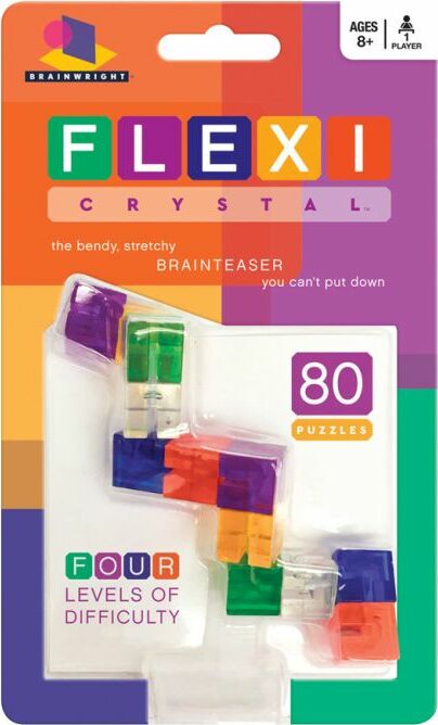 Flexi Crystal by Brainwright is a mechanical puzzle featuring colorful, bendy pieces designed to challenge your mind. The product includes 80 puzzles with four levels of difficulty, making it perfect for players aged 8 and up. The puzzle pieces are designed to stretch and twist, providing an engaging and addictive brainteaser experience.