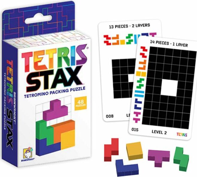 Tetris Stax by Brainwright is a vibrant mechanical puzzle featuring a box with the title and colorful tetromino pieces. The image shows two challenge cards beside the puzzle pieces, illustrating different levels and configurations for players to solve. The packaging prominently displays the product's name and includes details such as '48 puzzles' for engaging gameplay.