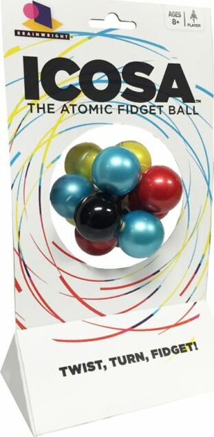 Icosa is a colorful atomic fidget ball featuring a unique design composed of various shiny balls in blue, red, yellow, green, and black. It is perfect for twisting, turning, and fidgeting, providing a fun and engaging way to relieve stress and enhance focus.