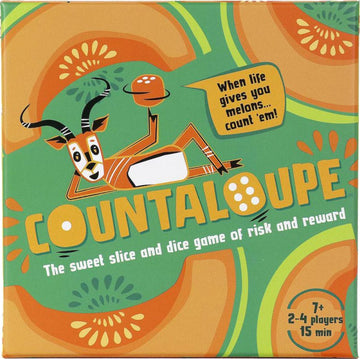 Countaloupe by Bananagrams is a colorful board game package featuring a playful goat character. The design includes vibrant melons and playful text showcasing the game's fun premise as a sweet slice and dice game of risk and reward. Suitable for 2-4 players aged 7 and up, it promises quick gameplay in just 15 minutes.