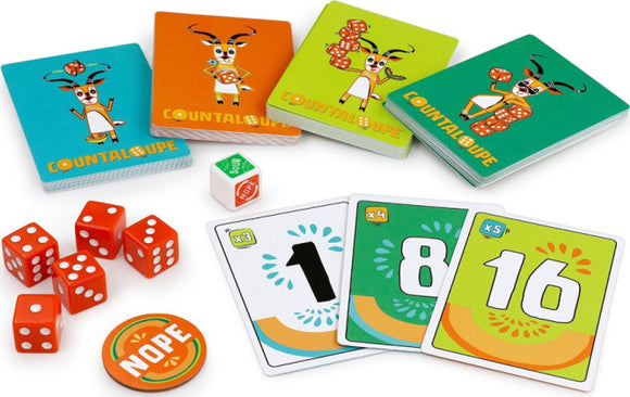 The Countaloupe game by Bananagrams features colorful cards, dice, and a fun character logo. The game comes with various numbered cards and gameplay elements, ideal for engaging family or friends in a lively counting challenge.