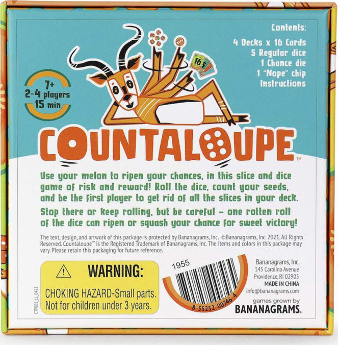 Countaloupe by Bananagrams is a fun and engaging game designed for 2-4 players, ages 7 and up. The packaging features vibrant, playful graphics including a cartoonish goat and colorful illustrations. The game comes with 4 decks of cards, 5 regular dice, a chance die, and a 'Nope' chip, challenging players to roll the dice and strategically manage their game pieces for a thrilling experience of risk and reward in under 15 minutes.