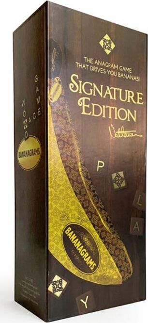 The Bananagrams Signature Edition game box features a stylish design with a prominent banana shape, gold and brown colors, and the Bananagrams logo. The top reads 'The anagram game that drives you bananas!' in bold lettering, creating an enticing visual for a fun and engaging word game.