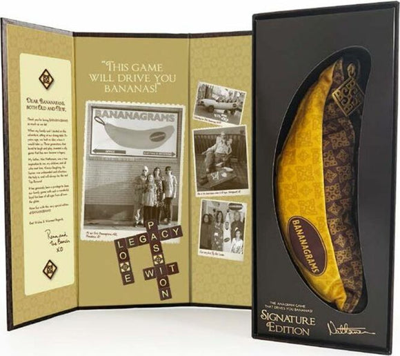 Bananagrams Signature Edition game package showing the iconic yellow banana-shaped pouch inside a beautifully designed box. The inside includes nostalgic black-and-white photographs and playful text emphasizing the fun and engaging nature of the game. The box features the game title and its signature elements.
