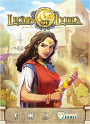 The game box for 'Lions of Lydia' by Bellwether Games features a striking illustration of a woman in traditional attire holding a coin, set against a bustling marketplace backdrop. The title is prominently displayed at the top, with additional details about the game, including player count and duration, at the bottom.