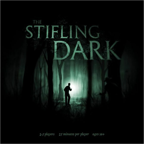 The Stifling Dark game by SOphisticated Cerberus Games features a mysterious forest scene with shadowy figures. The title is prominently displayed in ghostly green text, suggesting an atmosphere of suspense. Ideal for 2-5 players, this game promises thrilling gameplay that lasts about 25 minutes per player, suitable for ages 14 and older.