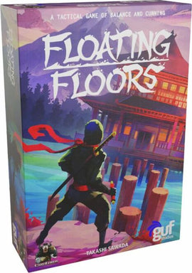 The game 'Floating Floors' manufactured by Cardlords features a visually striking box design. The artwork depicts a stealthy character in a green outfit and red accents, holding a weapon while poised on wooden structures above water. The background showcases a scenic landscape with mountains, a traditional building, and a captivating color palette that evokes a sense of adventure and strategy in this tactical game.