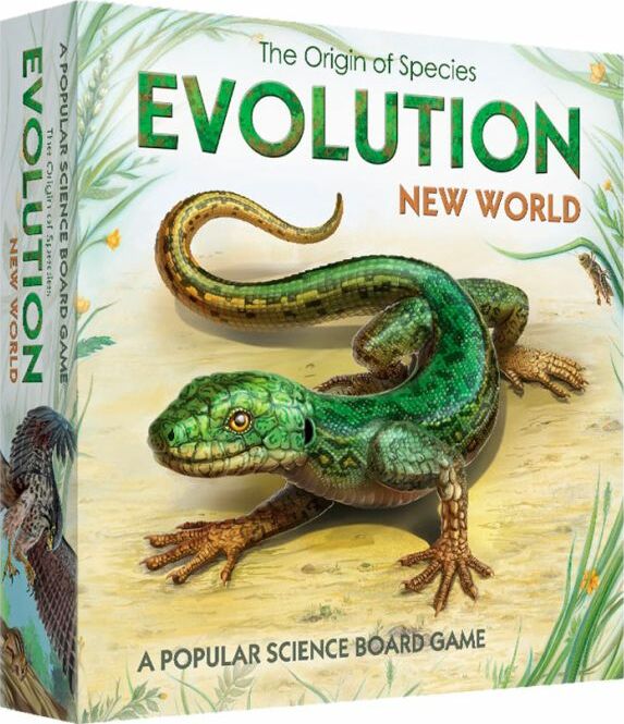 Evolution: New World board game by CROWD GAMES, LLC, featuring vibrant illustrations of a lizard and salamander in a lush natural setting. The box is adorned with the title 'Evolution' prominently displayed, encapsulating a captivating theme of species and their environments.