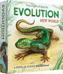 Evolution: New World board game by CROWD GAMES, LLC, featuring vibrant illustrations of a lizard and salamander in a lush natural setting. The box is adorned with the title 'Evolution' prominently displayed, encapsulating a captivating theme of species and their environments.