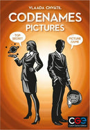 Codenames: Pictures game box featuring two characters in silhouette against a vibrant orange background. The woman on the left holds a mysterious object while the man on the right carries a gear, both showcasing a sense of intrigue and teamwork. The title appears prominently at the center, designed for a strategic picture guessing game by Czech Games.