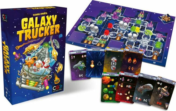 Galaxy Trucker game box featuring vibrant artwork of space and quirky alien characters. The layout shows the colorful game board, various spaceship components, and unique playing cards that depict different galaxy elements and missions.