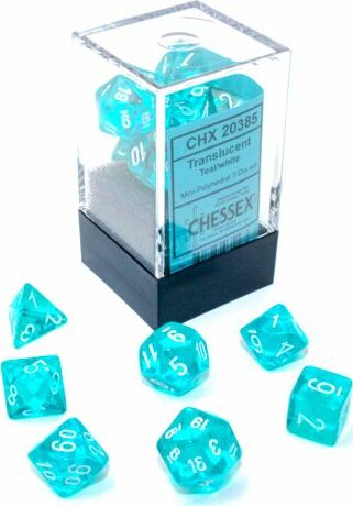 A collection of seven translucent teal and white polyhedral dice from Chessex, displayed in a clear plastic box with a black base. The dice include various shapes suitable for tabletop games, labeled with numbers in white.