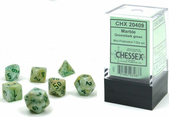 Mini polyhedral dice set in a marble green and dark green color scheme. The seven-die set includes various shapes like d4, d6, d8, d10, d12, d20, and a percentile die. Each die features clear numbers for easy visibility. The set is packaged in a transparent box with a label detailing its contents.