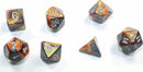 A set of six Mini Lustrous RPG dice in gold and silver colors made by Chessex. The dice include a d20, d12, d10, d8, d6, and d4, showcasing a beautiful iridescent finish that reflects multiple hues under light, perfect for tabletop gaming.