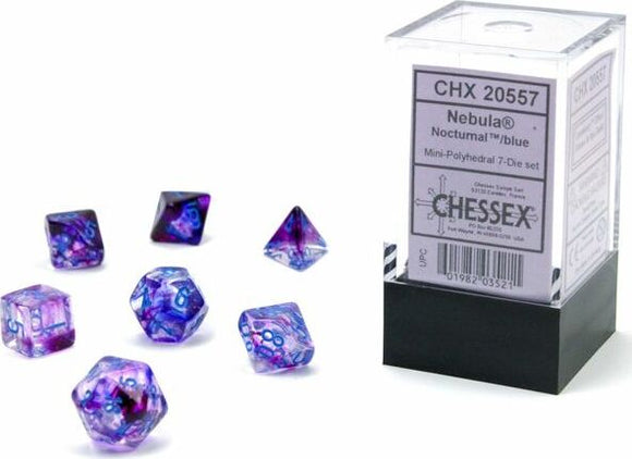 A set of seven mini polyhedral dice in vibrant blue and purple hues, featuring intricate cosmic designs. The dice are displayed alongside their transparent packaging, labeled as Nebula Nocturnal by Chessex. Ideal for tabletop gaming and RPG.