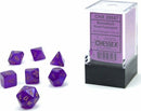 Chessex Mini Borealis dice set featuring royal purple and gold colors. The set includes seven polyhedral dice displayed in a clear box, ideal for tabletop gaming.