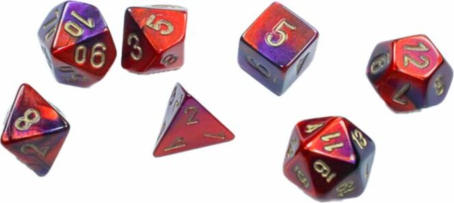 A set of Mini Gemini RPG dice in purple-red and gold colors. The set includes several polyhedral dice, featuring a shiny, iridescent finish with gold numbering, perfect for tabletop gaming and RPG enthusiasts.