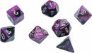 Set of Mini Gemini RPG dice featuring a striking black and purple color scheme with gold numbering. The set includes various polyhedral dice essential for tabletop role-playing games.