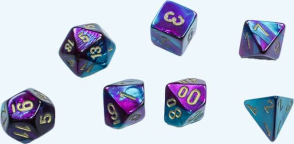 A set of Mini Gemini RPG dice in a vibrant purple-teal color scheme with gold numbering. The set includes various shapes, showcasing shiny, iridescent finishes that catch the light beautifully.
