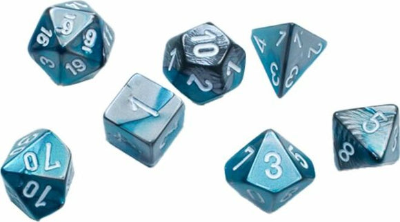 A set of seven Mini Gemini RPG dice in a striking steel-teal and white color scheme. The polyhedral dice include a d20, d12, d10, d8, d6, and d4, all featuring clear, easy-to-read white numerals and a glossy finish.