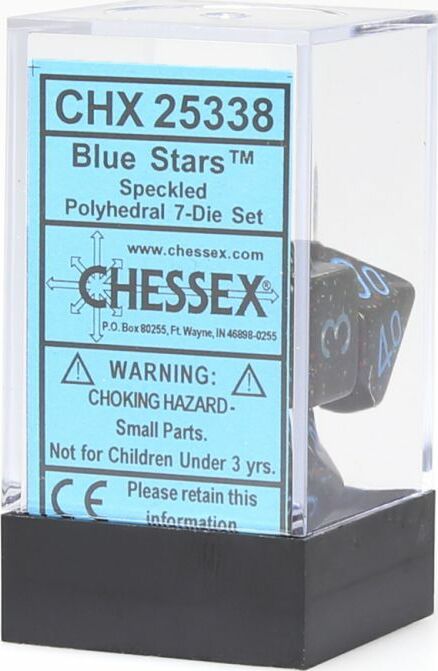 A speckled blue stars polyhedral dice set from Chessex, featuring seven intricately designed dice packaged in a clear plastic display box. The dice are displayed clearly within the box showing their unique celestial design and numbers, perfect for tabletop games.