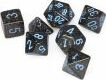 A set of speckled blue stars polyhedral dice by Chessex. The seven dice include various shapes such as a d20, d12, d10, d8, d6, and d4, showcasing a dark base with vibrant blue star designs and white numbers for easy readability. Perfect for tabletop gaming and role-playing games.