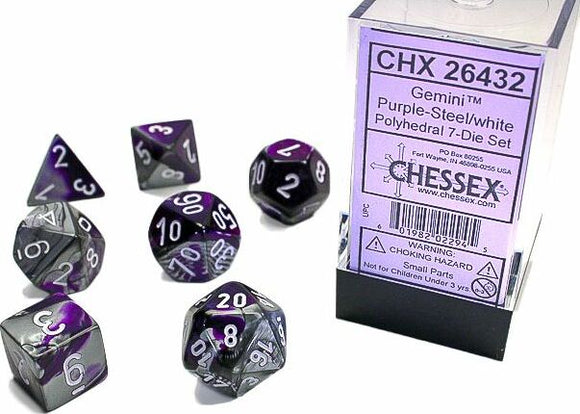 Chessex Gemini Purple-Steel/White Polyhedral 7-Die Set. This set includes seven polyhedral dice in various shapes, displaying a stunning blend of purple and steel colors, with white numbering. Perfect for tabletop role-playing games.