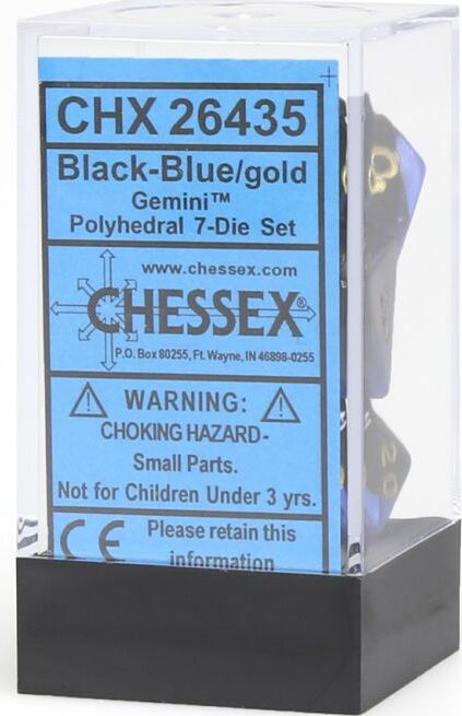 Chessex Gemini Black-Blue/Gold Polyhedral RPG Dice Set featuring seven polyhedral dice in a striking black and blue with gold details. The dice are packaged in a clear display case with a blue label indicating the product details and warnings. Ideal for tabletop gaming enthusiasts.