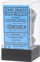 Chessex Gemini Black-Blue/Gold Polyhedral RPG Dice Set featuring seven polyhedral dice in a striking black and blue with gold details. The dice are packaged in a clear display case with a blue label indicating the product details and warnings. Ideal for tabletop gaming enthusiasts.