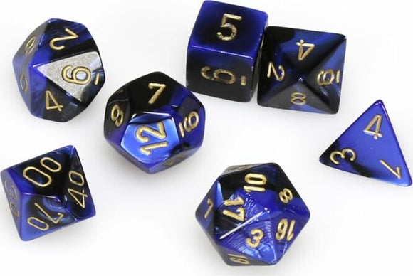 A visually striking set of seven polyhedral RPG dice in black and blue with gold numbers. The set includes various shapes such as a d20, d12, d10, d8, d6, d4, and a percentile dice, ideal for tabletop gaming.