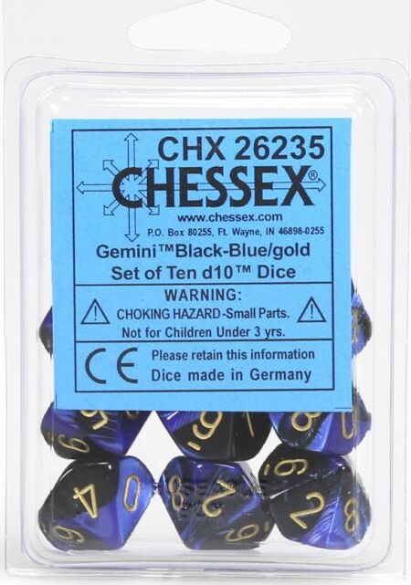 Gemini Black-Blue/Gold Polyhedral RPG Dice Set by Chessex, featuring ten d10 dice in a striking black and blue color with gold numbering, ideal for tabletop role-playing games. The dice are packaged in a clear plastic case for easy storage and portability.