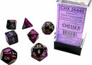 Gemini Black-Purple/Gold Polyhedral Dice Set by Chessex featuring seven intricately designed dice. The set includes a D4, D6, D8, D10, D12, D20, and D percentile die, showcasing a striking black and purple color scheme with gold numbers for easy readability. Perfect for tabletop role-playing games and collectors.