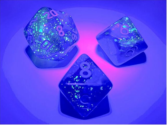 Three luminous polyhedral dice in shades of blue and light blue, emitting glowing sparkles against a purple background. The dice feature numbers engraved in bright pink, enhancing their visibility. Ideal for tabletop gaming and RPG enthusiasts.