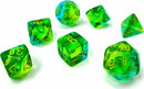 A colorful set of polyhedral dice in vibrant green and teal with yellow numbers, suitable for tabletop games. The dice include various shapes, such as d4, d6, d8, d10, d12, and d20, ideal for enhancing gameplay.