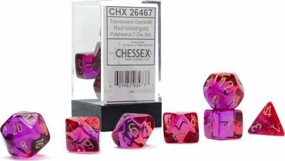 Chessex Translucent Gemini Red-Violet/Gold 7 Polyhedral Die Set. The set includes seven colorful dice, showcasing a mix of pink, red, and purple hues with gold numbering. Perfect for tabletop role-playing games.