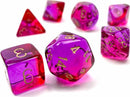 A collection of vibrant, translucent polyhedral dice in shades of red and violet, featuring golden numbers on each face. The set includes a d20, d12, d10, d8, d6, and d4, ideal for tabletop games.