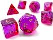 A colorful set of seven polyhedral dice in shades of red, violet, and gold, made by Chessex. Featuring various shapes like a tetrahedron and a dodecahedron, these dice are perfect for tabletop games.