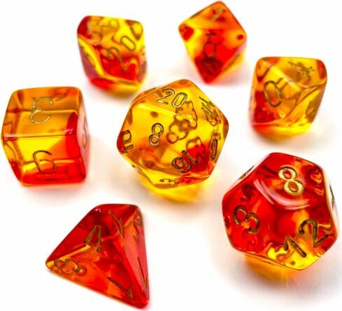 A vibrant set of seven polyhedral gaming dice by Chessex in red, yellow, and gold colors. The dice include various shapes, such as a d20, d12, d10, and d4, featuring clear numbers etched onto the surface, perfect for tabletop games.