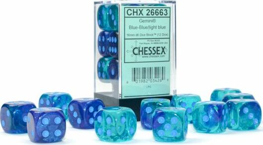 A collection of blue and light blue Gemini dice from Chessex, featuring translucent colors with white dots on each die. The dice are arranged around a clear display case holding additional dice. The variety includes multiple shapes and sizes, all colorful and ideal for gaming.