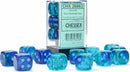 A collection of blue and light blue Gemini dice from Chessex, featuring translucent colors with white dots on each die. The dice are arranged around a clear display case holding additional dice. The variety includes multiple shapes and sizes, all colorful and ideal for gaming.