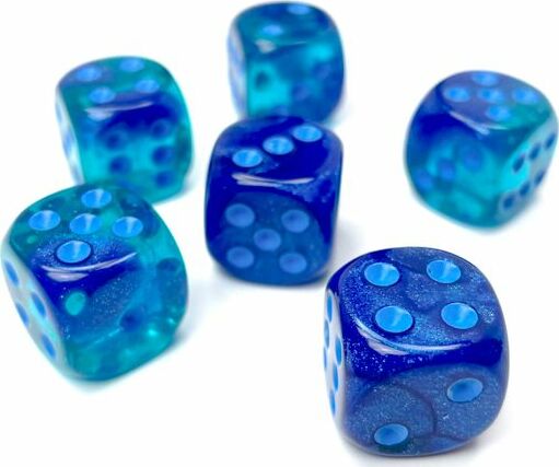 A collection of six translucent dice in shades of blue and light blue. The dice are sparkly with visible dots representing numbers from one to six, showcasing a mix of solid and translucent styles.