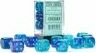 Gemini Blu/Light blue luminary dice set by Chessex, featuring a variety of translucent blue and light blue dice with white pips. The packaging displays the product name and is surrounded by the colorful dice arranged neatly.