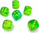 A colorful set of six dice in various shades of green and teal, featuring yellow dots on each side. The dice are arranged with some showing different face values, adding a vibrant playfulness suitable for tabletop games.