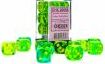Chessex Gemini Trans Green/Teal/Yellow d6 dice set featuring vibrant, translucent colors. The set includes multiple dice displayed in a clear plastic container with colorful marbling designs, ideal for tabletop games.