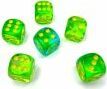 A set of six vibrant green, teal, and yellow speckled dice arranged on a white surface. The dice are translucent, showcasing a mix of colors and patterns, perfect for gaming.
