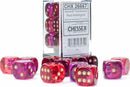 A set of 12 Gemini Translucent Red and Violet dice featuring gold numbering. The colorful dice are displayed around a transparent package, showcasing their vibrant hues. Ideal for tabletop games, role-playing, or collection.