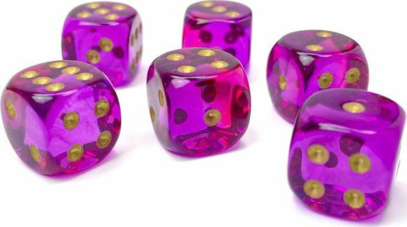 A set of six vibrant purple and clear Gemini trans dice with golden dots. Each die has a shiny surface, showcasing the blend of red and violet colors, perfect for tabletop games.