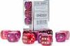 A set of twelve Gemini trans red and violet dice displayed in a box by Chessex. The dice feature a translucent design with pink hues and white pips, perfect for tabletop games.