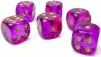 A set of twelve Gemini trans red and violet dice by Chessex. The dice feature a translucent purple color with red accents and gold numbering, perfect for tabletop gaming.